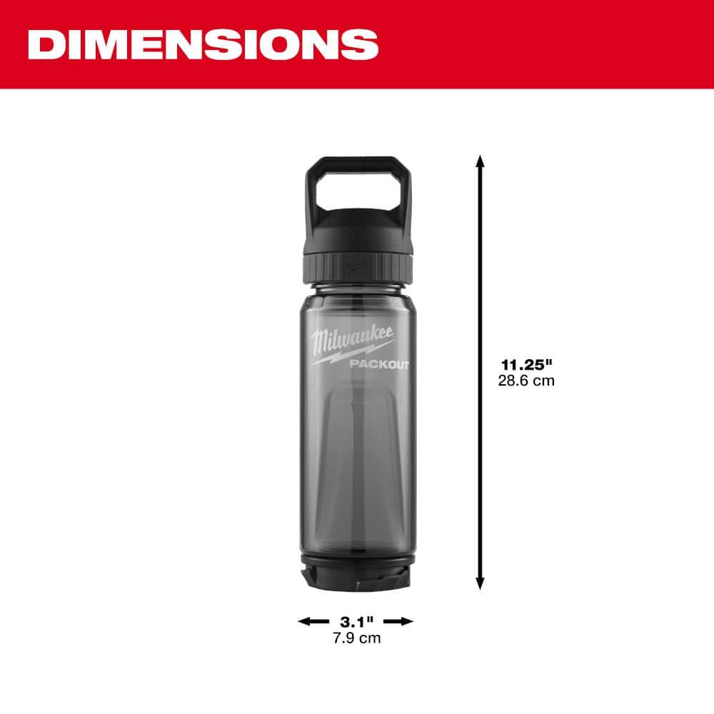 Milwaukee PACKOUT 25 oz Black Plastic Bottle with Leakproof Chug Lid, 3.10 in W x 11.25 in H