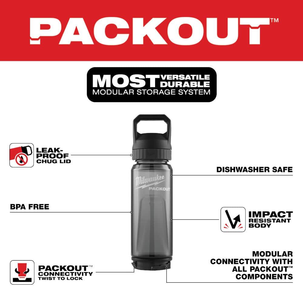 Milwaukee PACKOUT 25 oz Black Plastic Bottle with Leakproof Chug Lid, 3.10 in W x 11.25 in H