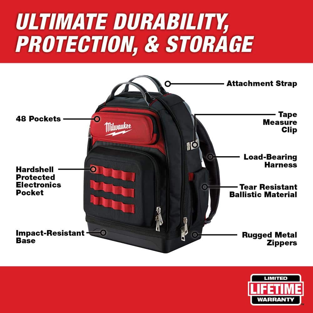 Milwaukee 15 in. Ultimate Jobsite Backpack with 9-Pocket Utility Pouch, 48 Pockets, 1680D Ballistic Base