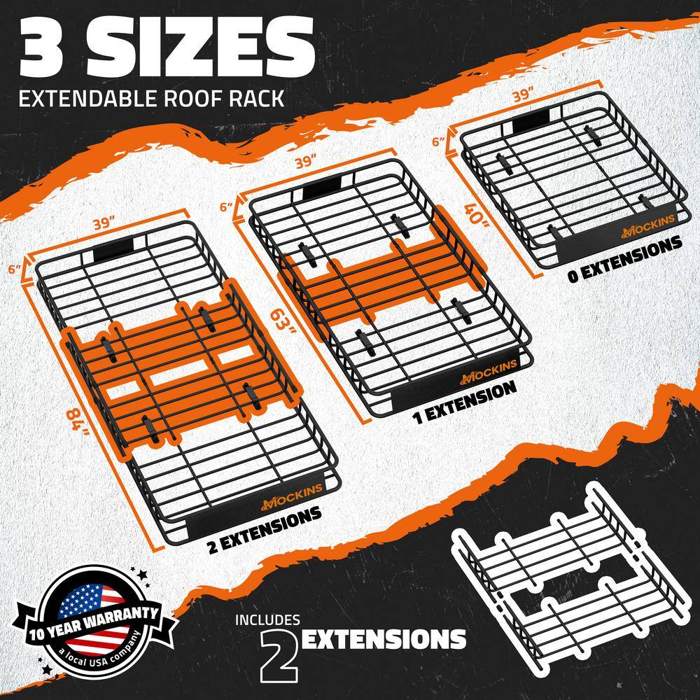 Mockins 84 in. x 39 in. x 6 in. Rooftop Cargo Carrier with Cargo Net and Ratchet Straps, 250 lbs. Cap Roof Luggage Basket