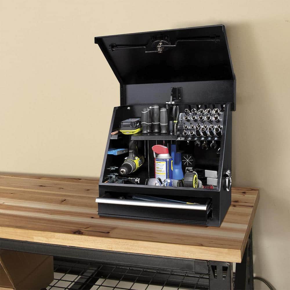 Montezuma 18 in. W x 12 in. D 1-Drawer Black Steel Portable Shop Triangle Tool Box Chest for Sockets, Wrenches and Screwdrivers