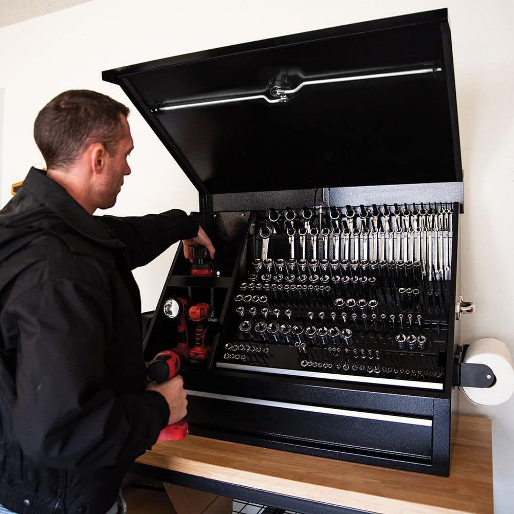 Montezuma 37 in. W x 18 in. D 1-Drawer Black Steel Portable Shop Triangle Tool Box Chest for Sockets, Wrenches and Screwdrivers