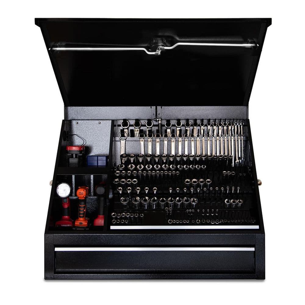 Montezuma 37 in. W x 18 in. D 1-Drawer Black Steel Portable Shop Triangle Tool Box Chest for Sockets, Wrenches and Screwdrivers