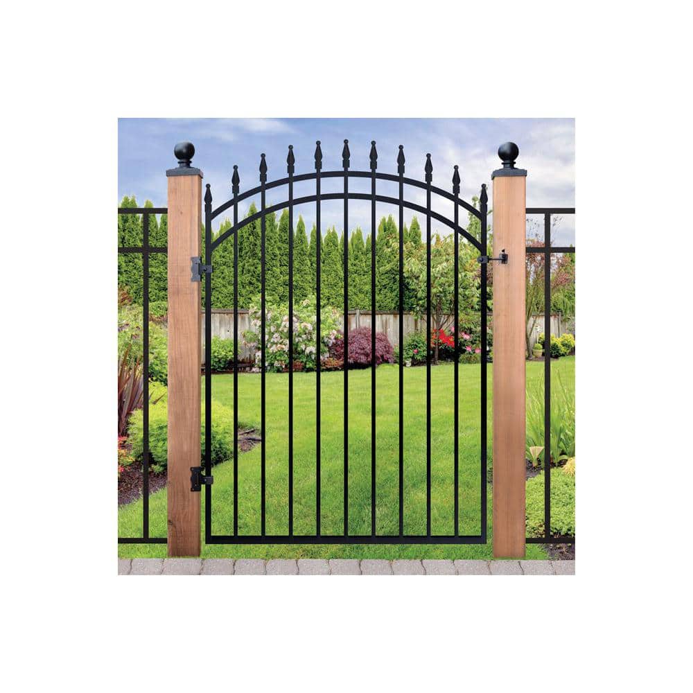NUVO IRON 2.75 ft. x 4.67 ft. Tiger Eye Profile Black Iron Center Point Arched Top Fence Gate