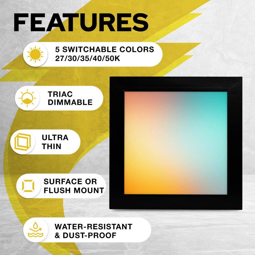 NuWatt 1 ft. x 1 ft. 120V Surface Mount Integrated LED Black Panel Internal Driver 1500LM, 5CCT 2700K to 5000K, Dimmable (4PK)