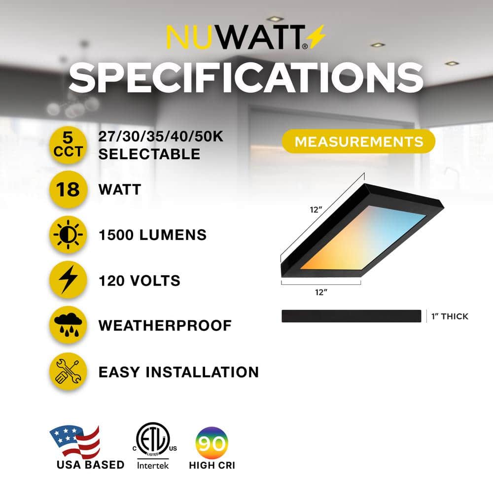 NuWatt 1 ft. x 1 ft. 120V Surface Mount Integrated LED Black Panel Internal Driver 1500LM, 5CCT 2700K to 5000K, Dimmable (4PK)