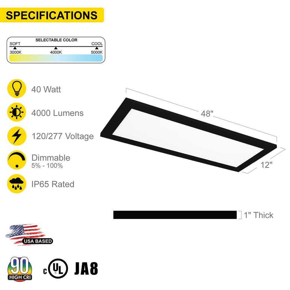 NuWatt 1 ft. x 4 ft. Surface Mount Integrated LED Panel, 2000 Lumens 120-277V 3CCT 30K-50K Selectable, 0-10V Dimmable, Black 4P