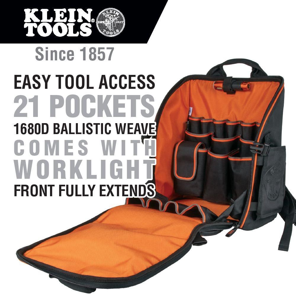 Klein Tools Tradesman Pro 17.25 in Tool Station Backpack with Worklight, 21 Pockets, 1680D Ballistic Nylon