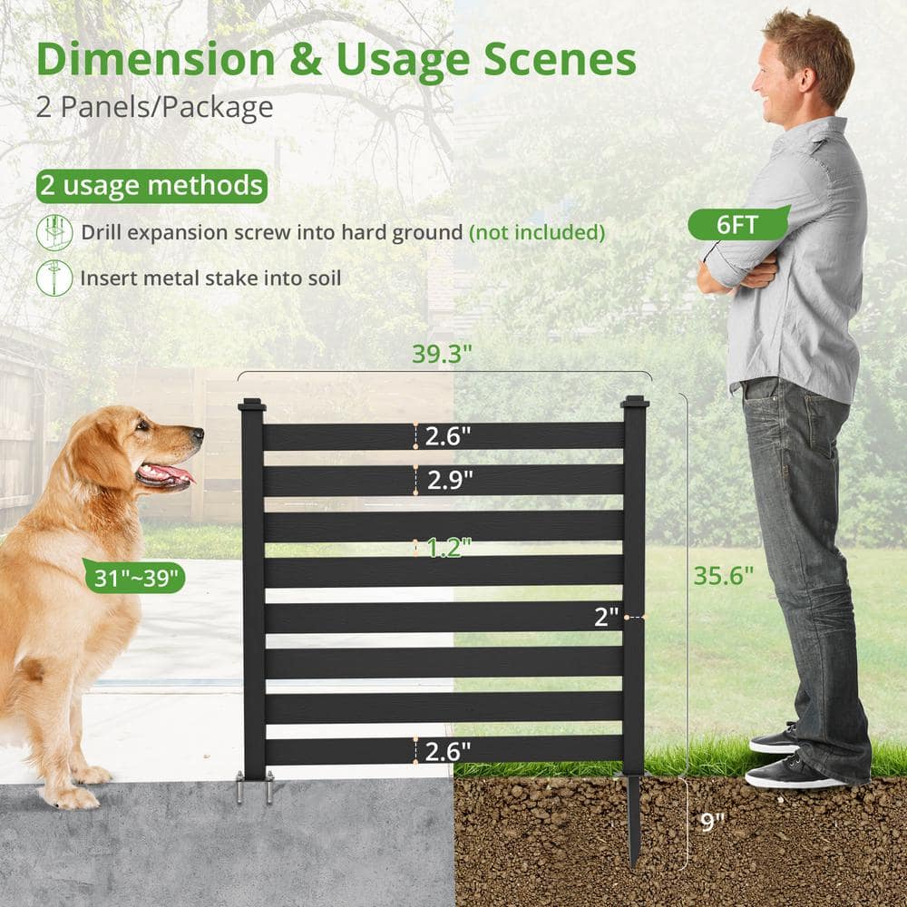 38 in. W x 46 in. H Black Outdoor No Dig Fence Poly Plastic Picket Fence Panel Decorative Garden Privacy Fence(2-Pack)
