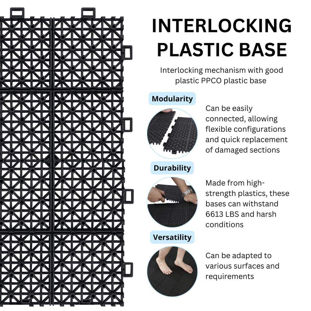 GOGEXX 12 in. x 12 in. Black Porch Rosette Pattern Interlocking Deck Tiles Plastic Flooring Waterproof Outdoor (Pack of 60)
