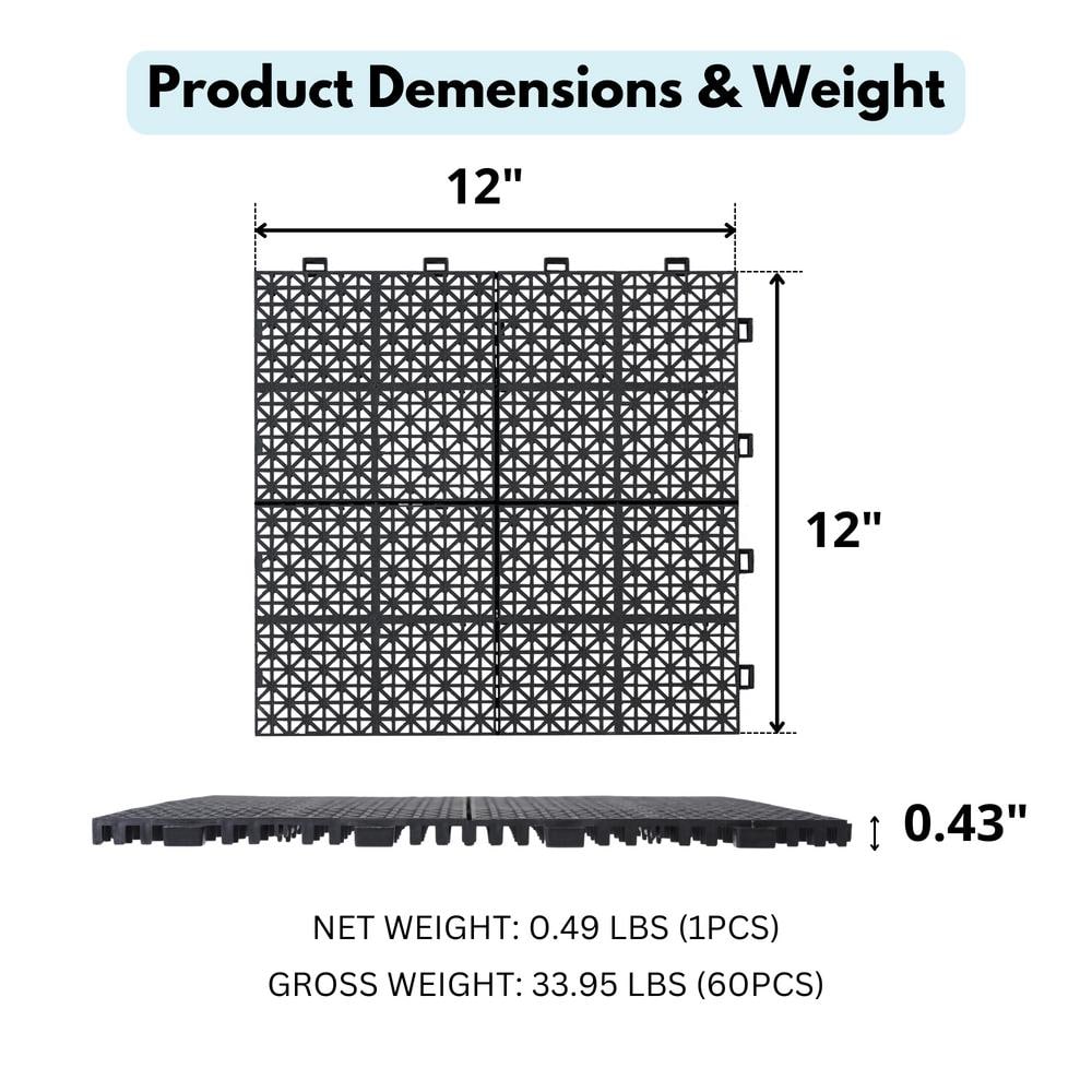 GOGEXX 12 in. x 12 in. Black Porch Rosette Pattern Interlocking Deck Tiles Plastic Flooring Waterproof Outdoor (Pack of 60)