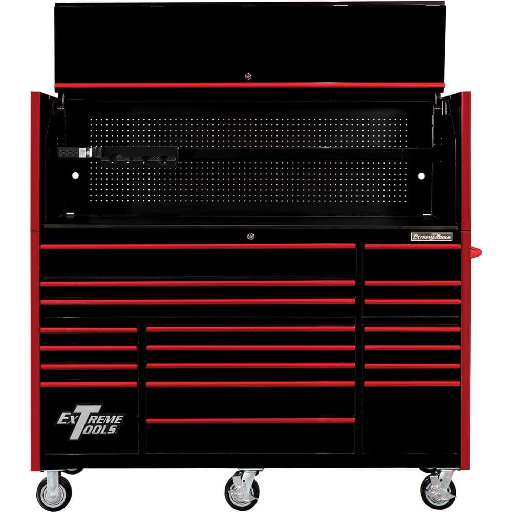 Extreme Tools RX Series Professional 72 in. W x 25 in. D Hutch and 19-Drawer Roller Cabinet Combo in Black with Red Drawer Pulls