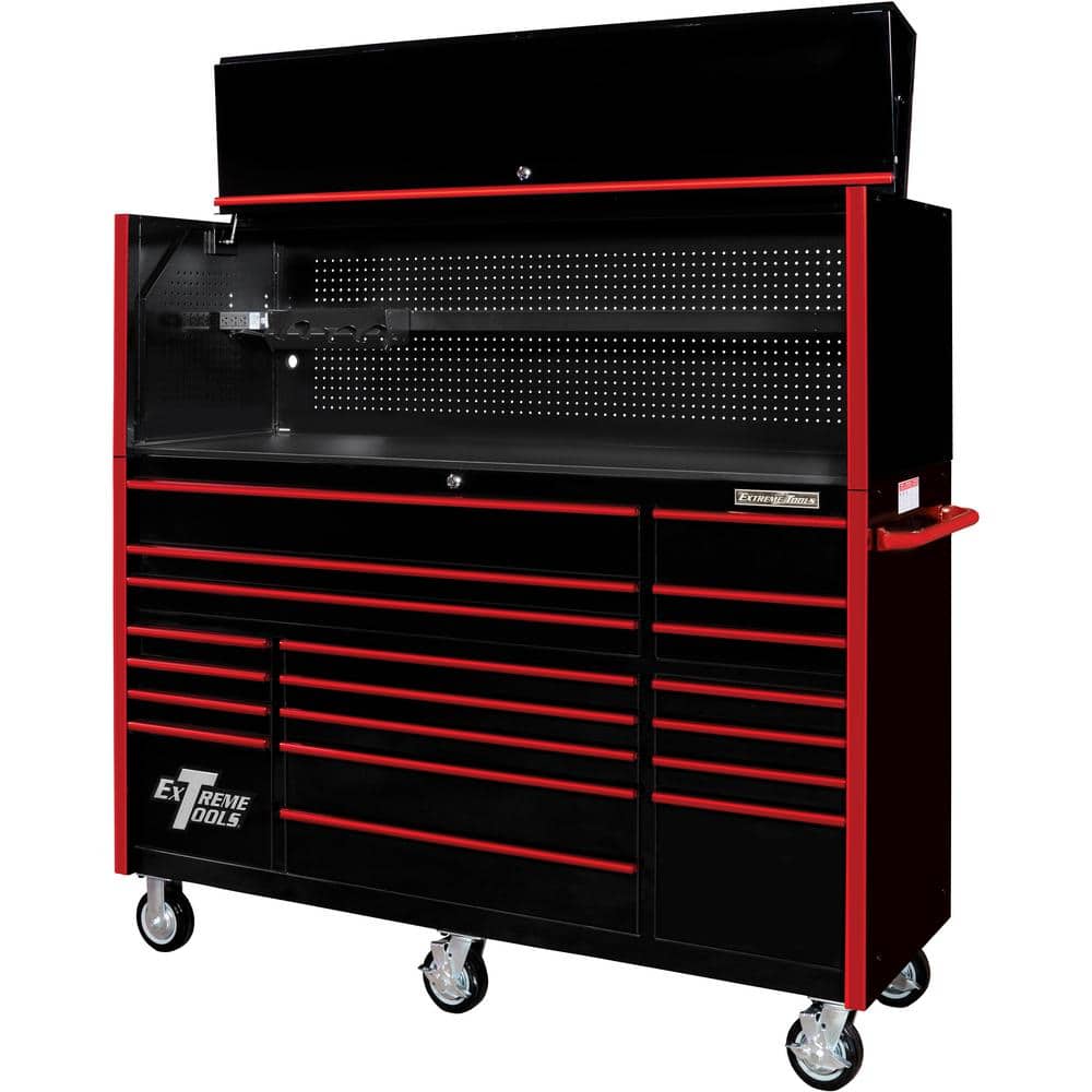 Extreme Tools RX Series Professional 72 in. W x 25 in. D Hutch and 19-Drawer Roller Cabinet Combo in Black with Red Drawer Pulls