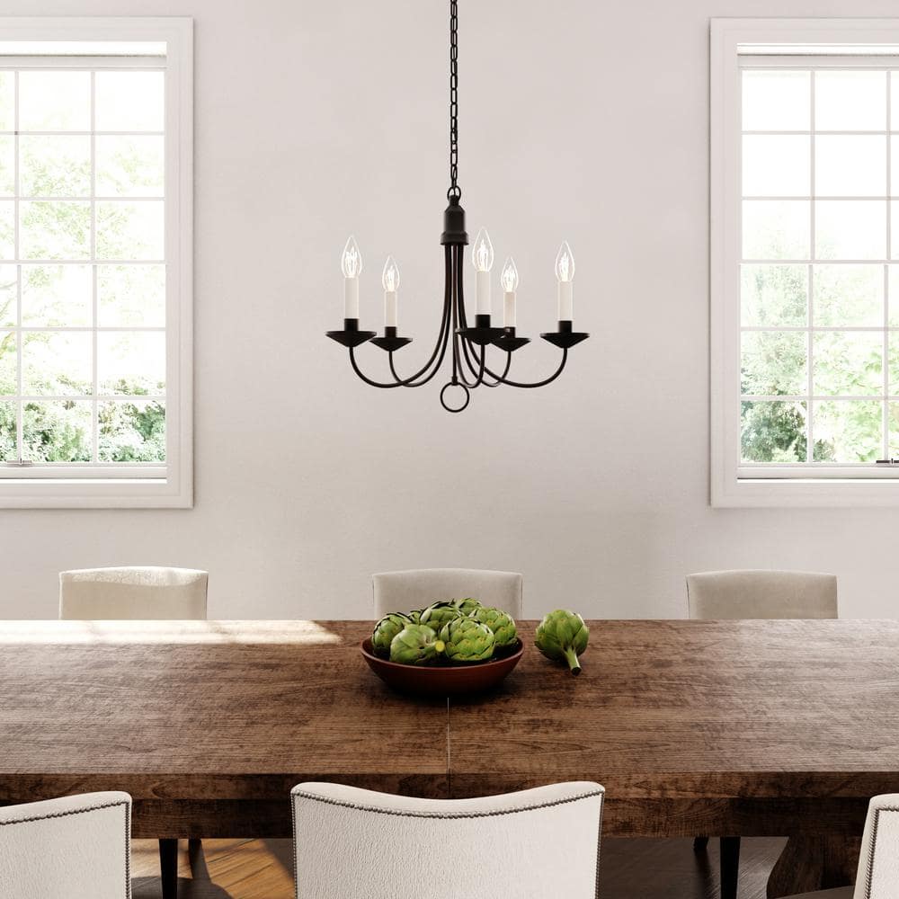 Progress Lighting Five-Light Textured Black White Candles Traditional Chandelier Light