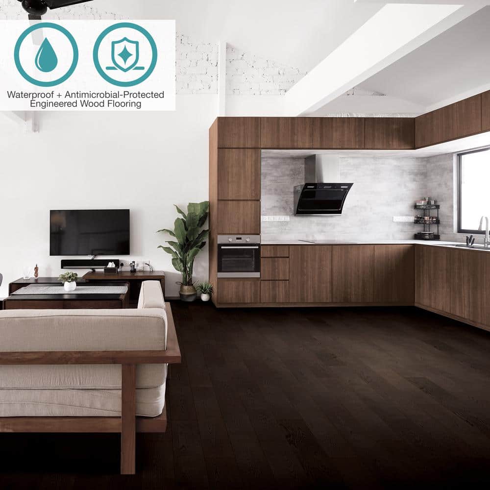 Pergo Defense+ Black Raven Oak 3/8 in. T x 7.5 in. W Click Lock Wire Brushed Engineered Hardwood Flooring (24.54 sq. ft./Case)