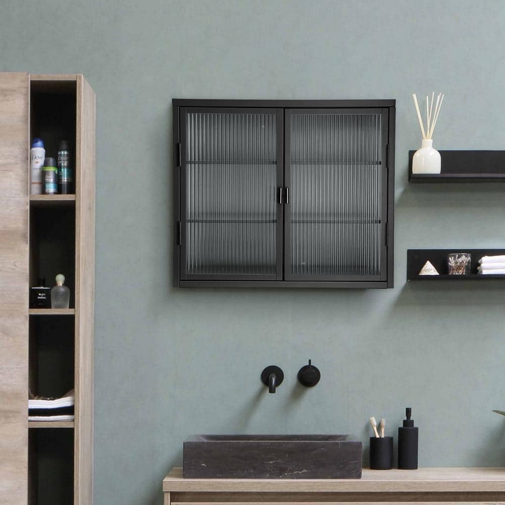 27.6 in. W x 9.1 in. D x 23.6 in. H in Black Metal Ready to Assemble Wall Kitchen Cabinet with Detachable Shelves