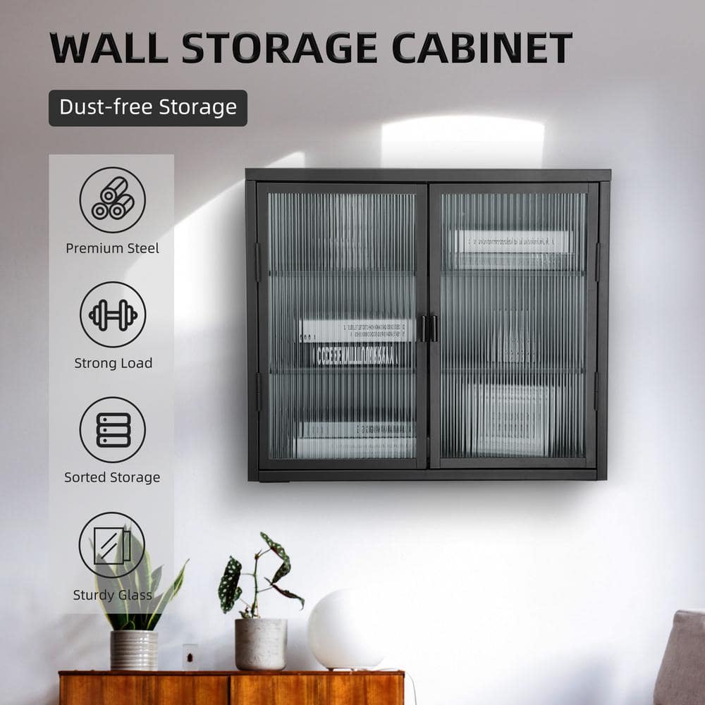 27.6 in. W x 9.1 in. D x 23.6 in. H in Black Metal Ready to Assemble Wall Kitchen Cabinet with Detachable Shelves