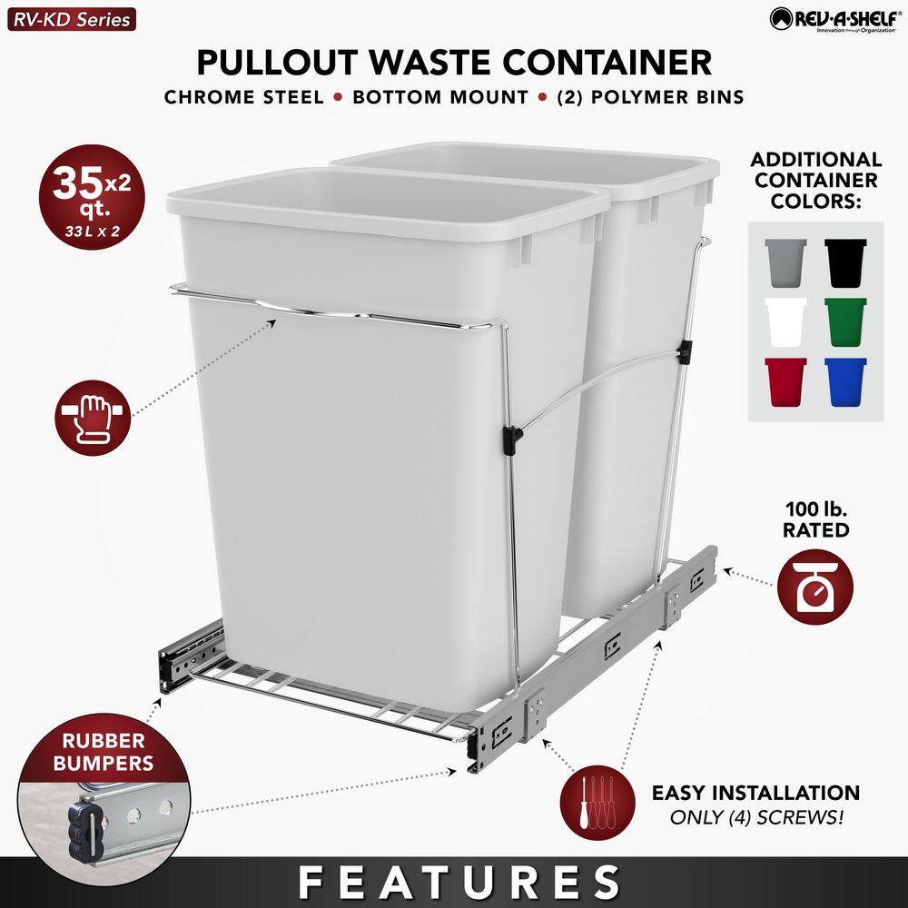Rev-A-Shelf 35-Quart Plastic Pull-Out Trash Can, Double Bin, Bottom-Mount
