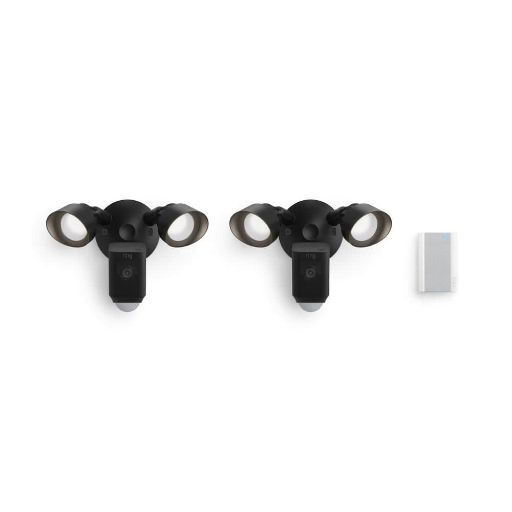 Ring Floodlight Cam Wired Plus Outdoor Black Security Standard Surveillance Camera 2-Pack with Chime Pro