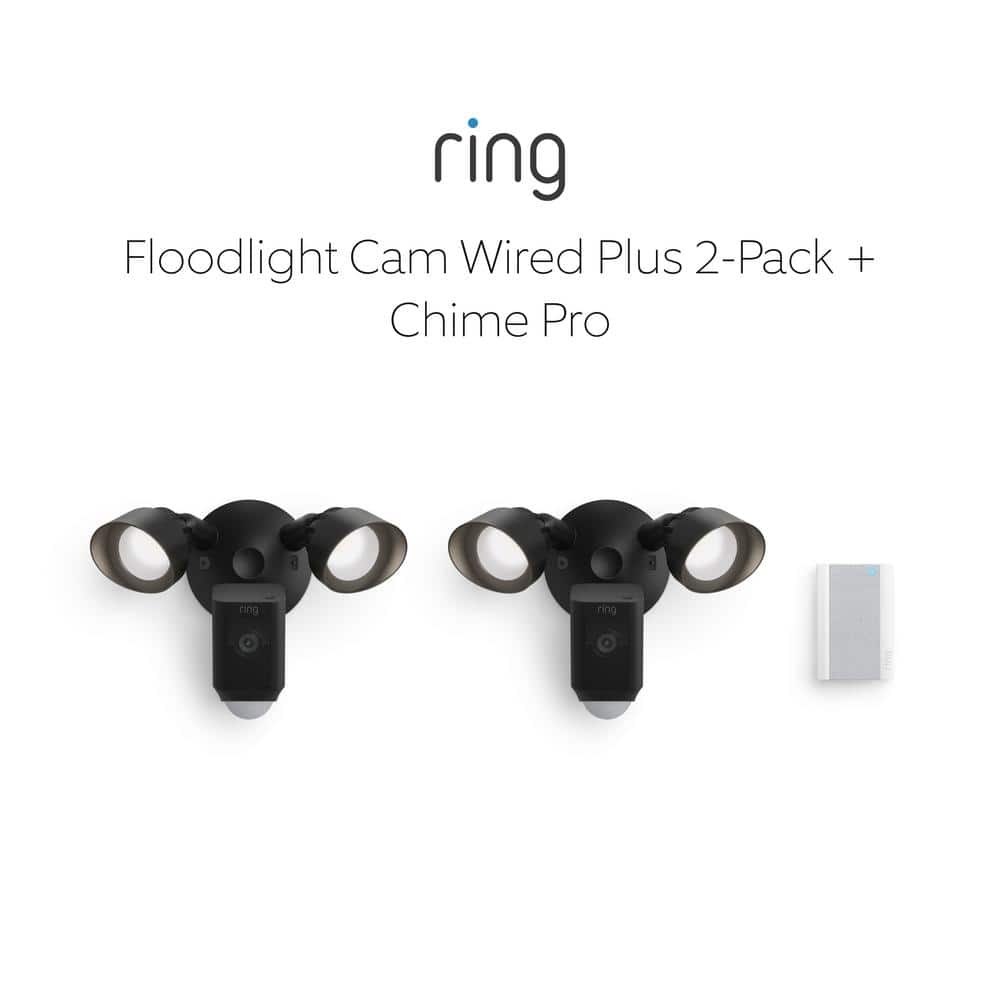 Ring Floodlight Cam Wired Plus Outdoor Black Security Standard Surveillance Camera 2-Pack with Chime Pro