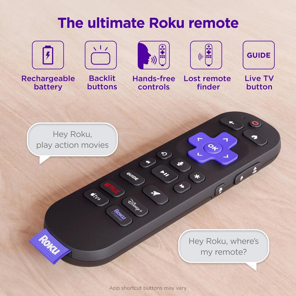 Roku Roku Voice Remote Pro 2nd Edition, Rechargeable Replacement Voice Remote, Backlit Buttons, and Hands-free Voice Controls