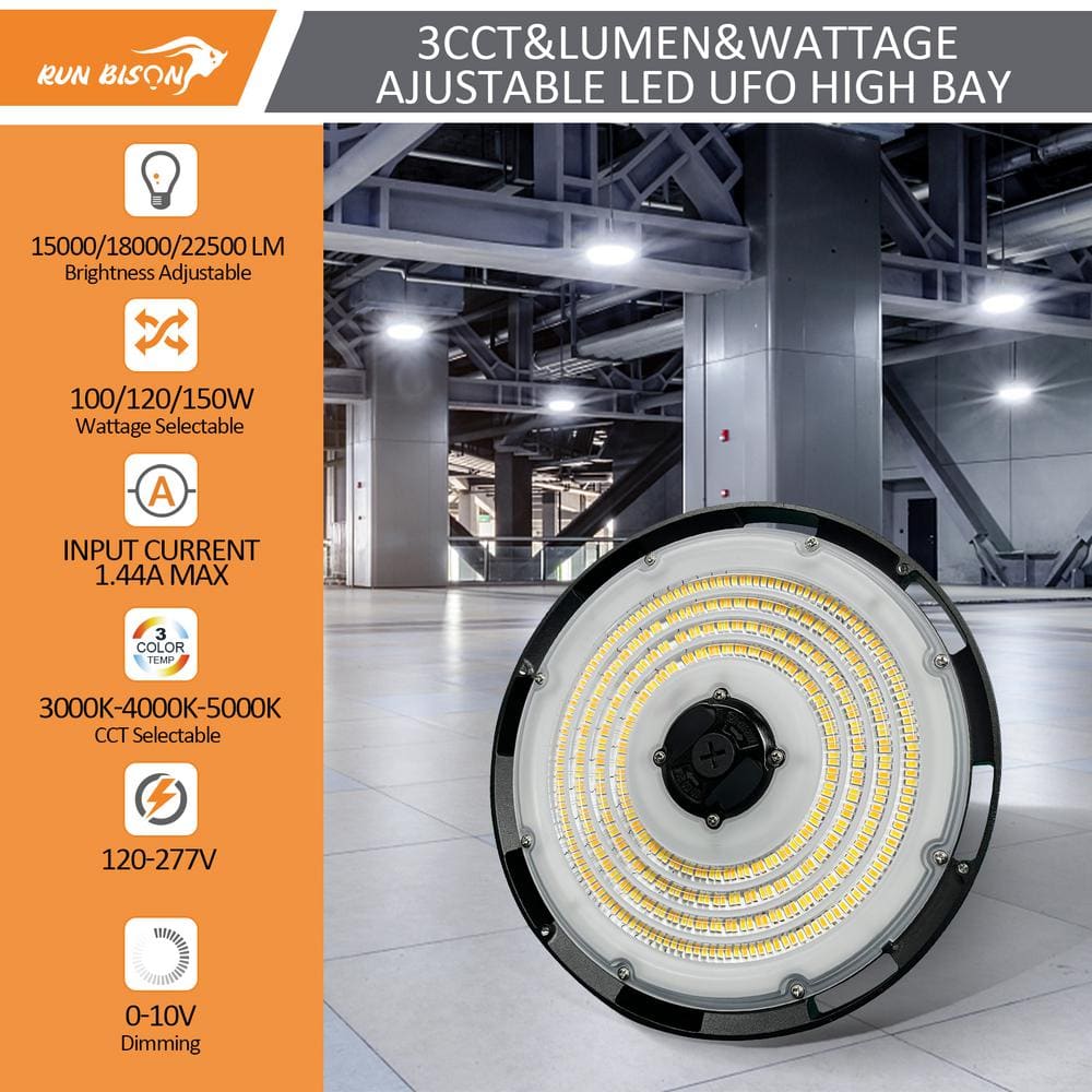 RUN BISON 10.24 in. Integrated UFO LED High Bay Light Fixture LED Commercial Lighting, Up to 22500 Lumens w/Motion Sensor (4-Pack)