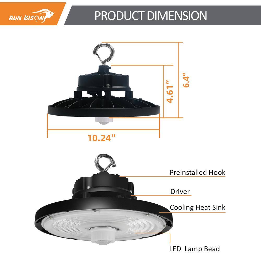 RUN BISON 10.24 in. Integrated UFO LED High Bay Light Fixture LED Commercial Lighting, Up to 22500 Lumens w/Motion Sensor (4-Pack)