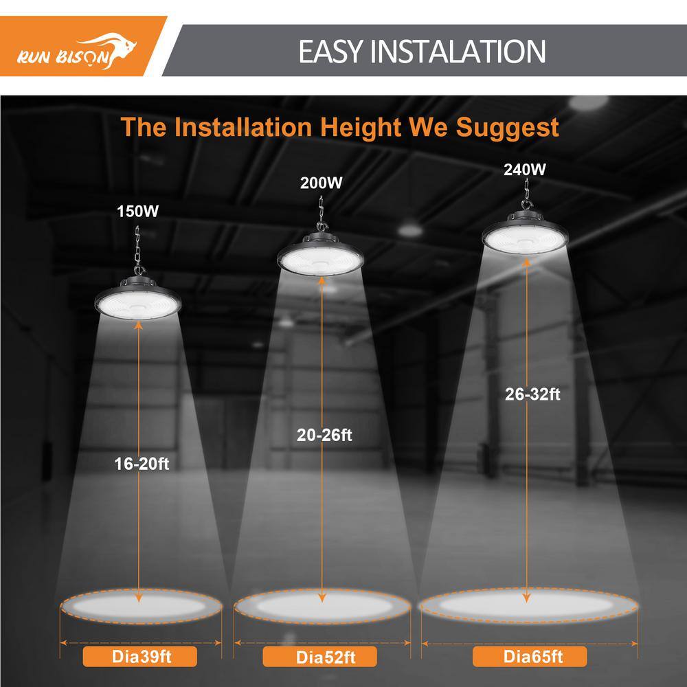 RUN BISON 12.6 in. 150/200/240-Watt Selectable Dimmable Integrated LED UFO High Bay Light with Preinstalled Hook, 3000/4000/5000K