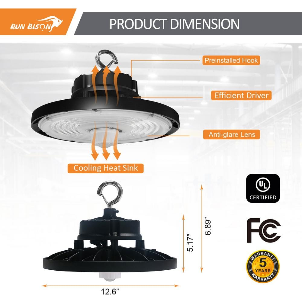 RUN BISON 12.6 in. Integrated UFO LED High Bay Light Fixture LED Commercial Lighting, Up to 36000 Lumens w/Motion Sensor (8-Pack)