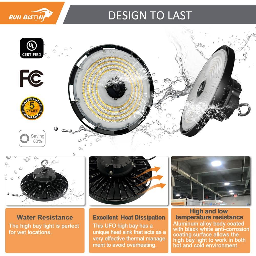 RUN BISON 12.6 in. 150/200/240-Watt Selectable Dimmable Integrated LED UFO High Bay Light with Motion Sensor, Preinstalled Hook