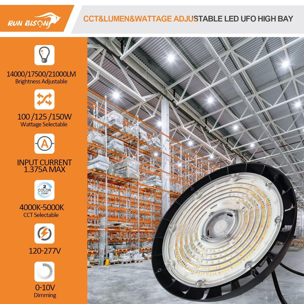 RUN BISON 10.4 in. Integrated UFO LED High Bay Light Fixture Garage Light, 4000K/5000K, 21000Lumens 0-10V Dimming(8-Pack)