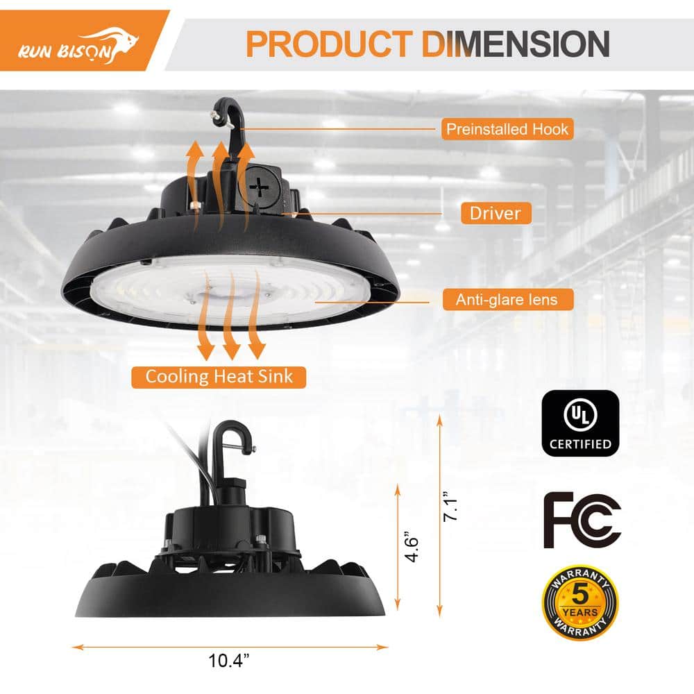 RUN BISON 10.4 in. Integrated UFO LED High Bay Light Fixture Garage Light, 4000K/5000K, 21000Lumens 0-10V Dimming(8-Pack)
