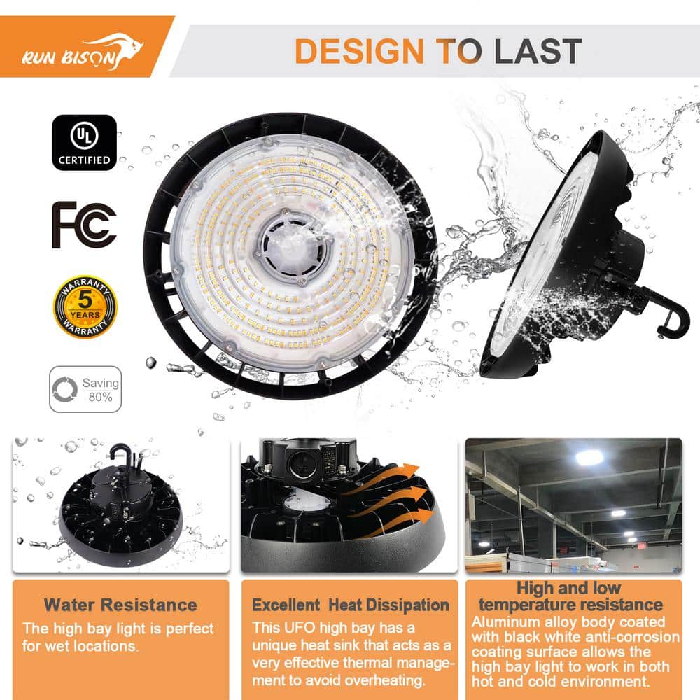 RUN BISON 12.8 in. Integrated LED UFO High Bay Light Fixture Black Garage Light, Up to 33600 Lumens 4000K/5000K, 0-10V Dimmable