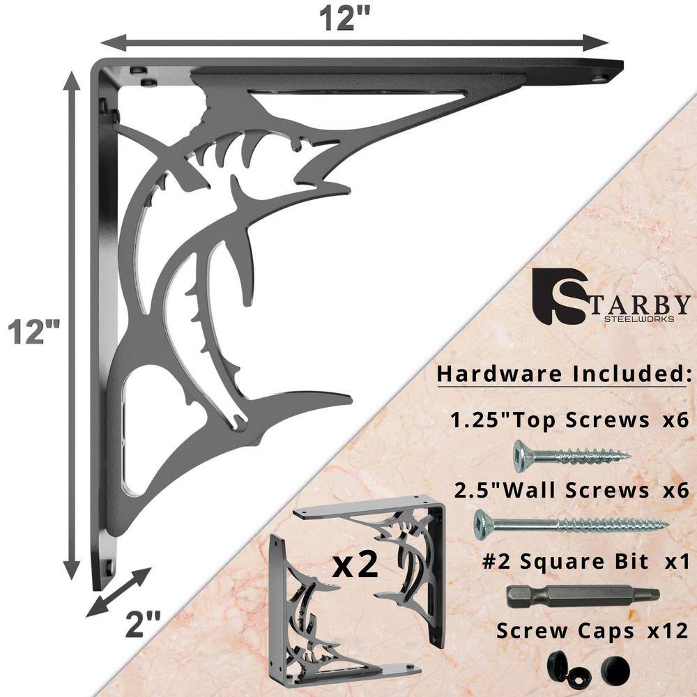 Billfish 12 in. L Black Steel Heavy Duty Floating Shelf Bracket (2 Pack)