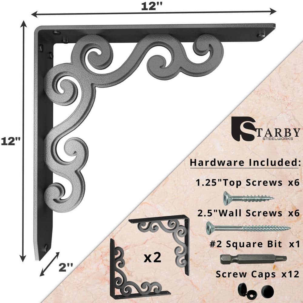 Charleston 12 in. L Black Steel Heavy Duty Shelf Bracket (2-Pack)