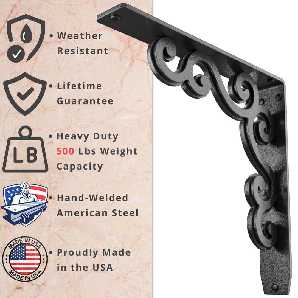 Charleston 12 in. L Black Steel Heavy Duty Shelf Bracket (2-Pack)