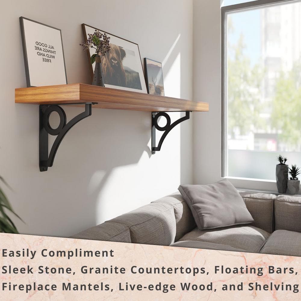 Park Circle Designer 12 in. L Black Iron Decorative Heavy Duty Shelf Bracket (2-Pack)