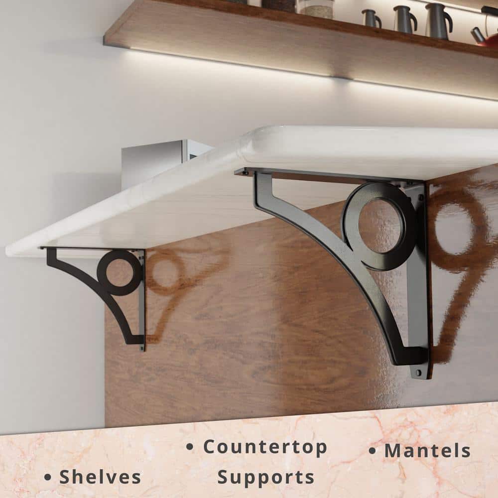 Park Circle Designer 12 in. L Black Iron Decorative Heavy Duty Shelf Bracket (2-Pack)