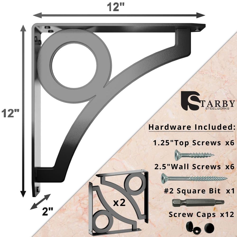 Park Circle Designer 12 in. L Black Iron Decorative Heavy Duty Shelf Bracket (2-Pack)