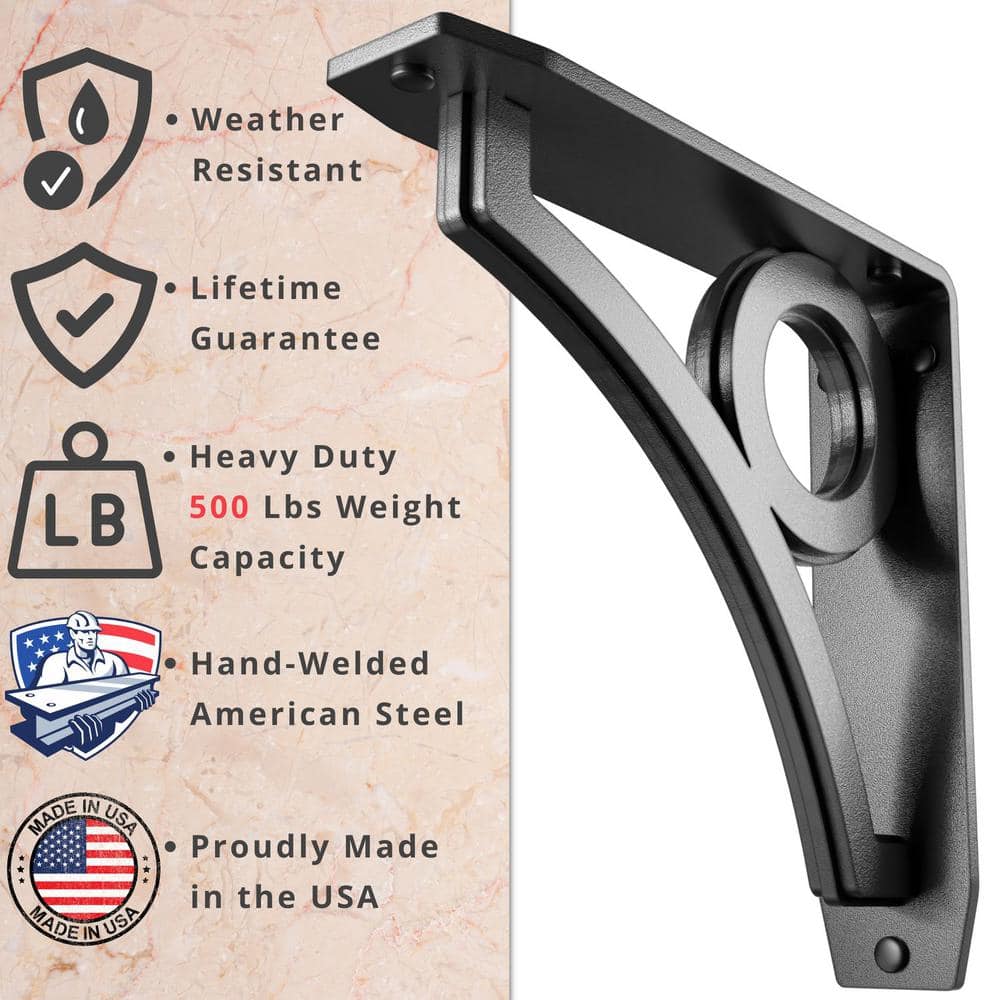 Park Circle Designer 8 in. L Black Iron Decorative Heavy Duty Shelf Bracket (2-Pack)