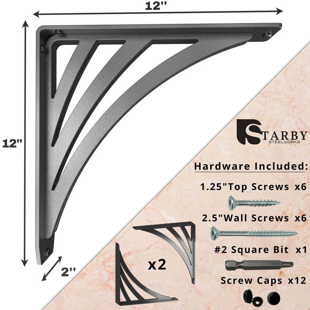 Ravenel Designer 12 in. L Black Iron Heavy Duty Shelf Bracket (2-Pack)