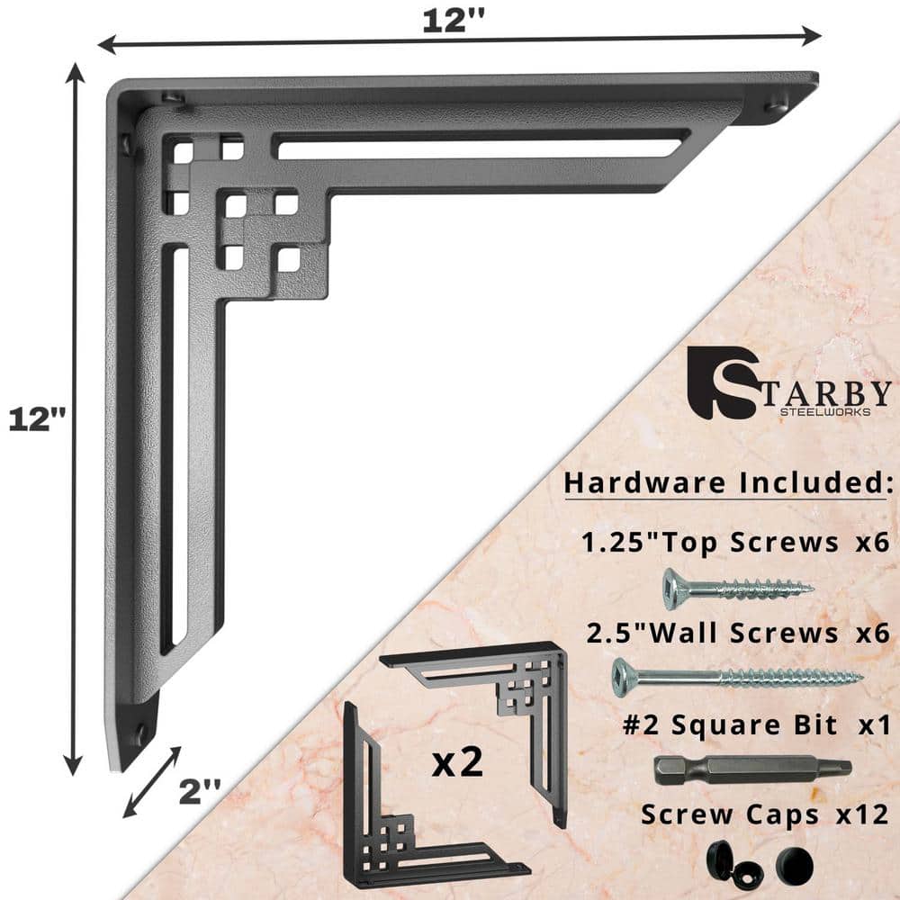 Rockville 12 in. L Black Iron Heavy Duty Shelf Bracket for Decorative Shelving (2-Pack)