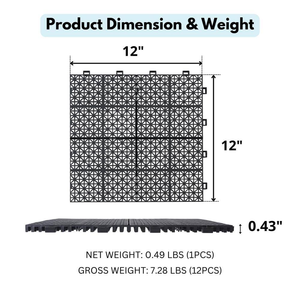 Siavonce 12 in. x 12 in. Black Interlocking Deck Tiles Plastic Waterproof Outdoor Bathroom Shower Balcony Porch Pack of 12