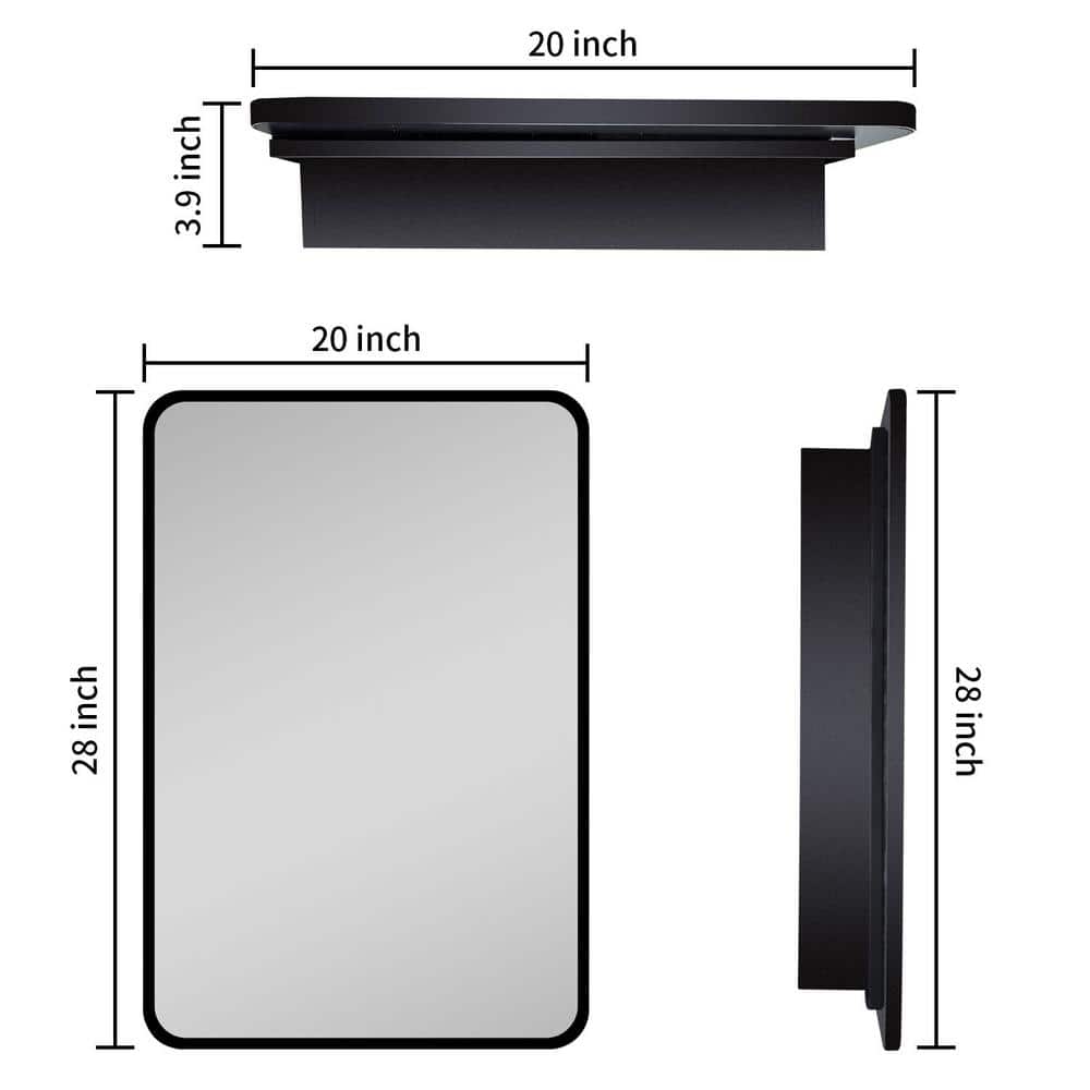 Aoibox 20 in. W x 28 in. H Rectangular Black Silver Iron Powder Medicine Cabinet with Mirror, 1 Door, 2 Shelves