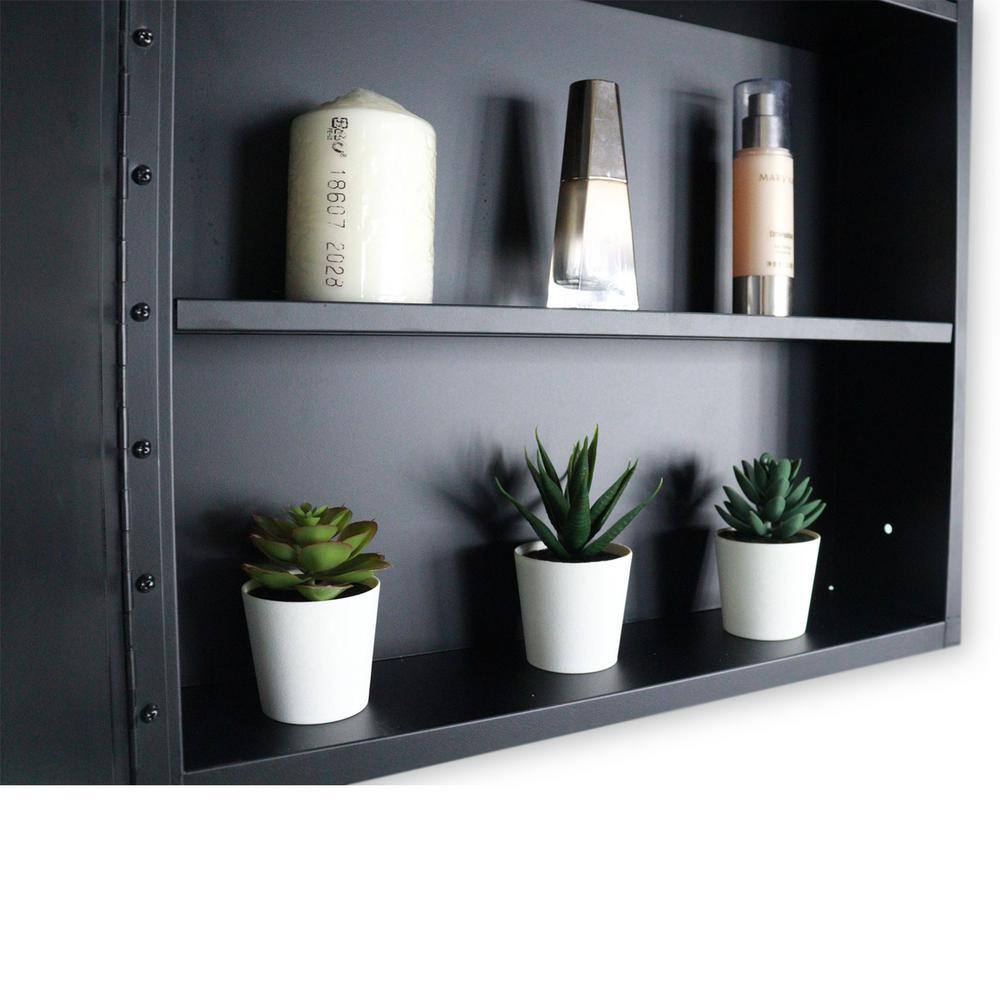 Aoibox 20 in. W x 28 in. H Rectangular Black Silver Iron Powder Medicine Cabinet with Mirror, 1 Door, 2 Shelves