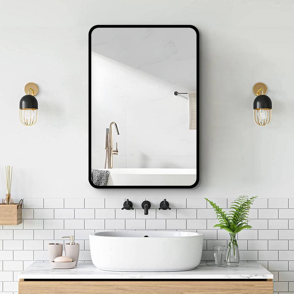 Aoibox 20 in. W x 28 in. H Rectangular Black Silver Iron Powder Medicine Cabinet with Mirror, 1 Door, 2 Shelves