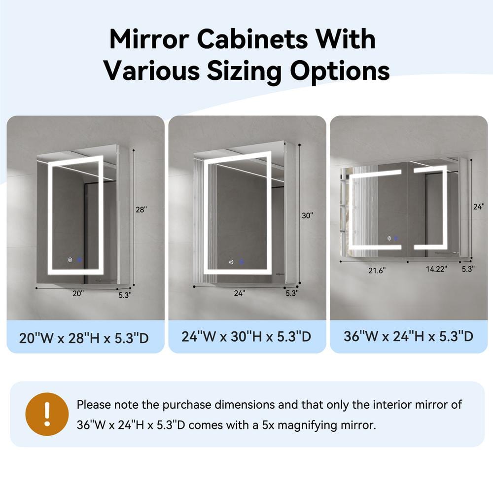 Simple Project 20 in. W x 28 in. H Rectangular Aluminum Light Medicine Cabinet with Mirror, Defogging, Mounted Recessed or Surface