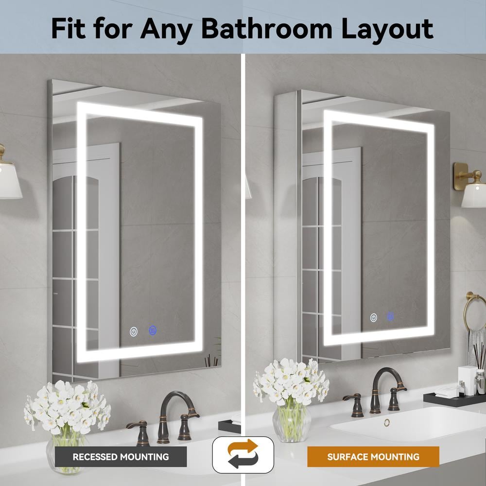 Simple Project 20 in. W x 28 in. H Rectangular Aluminum Light Medicine Cabinet with Mirror, Defogging, Mounted Recessed or Surface
