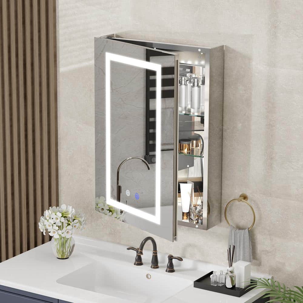 Simple Project 20 in. W x 28 in. H Rectangular Aluminum Light Medicine Cabinet with Mirror, Defogging, Mounted Recessed or Surface