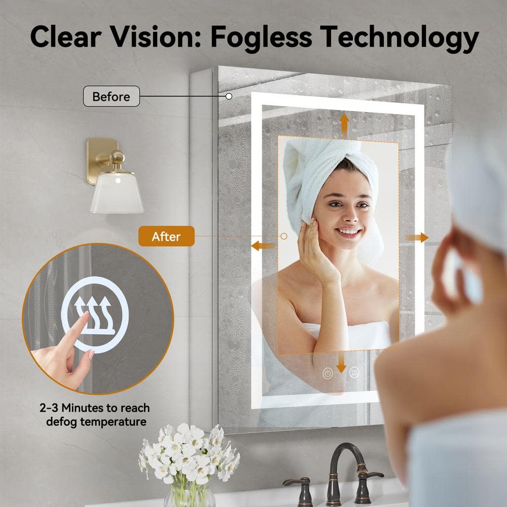 Simple Project 20 in. W x 28 in. H Rectangular Aluminum Light Medicine Cabinet with Mirror, Defogging, Mounted Recessed or Surface